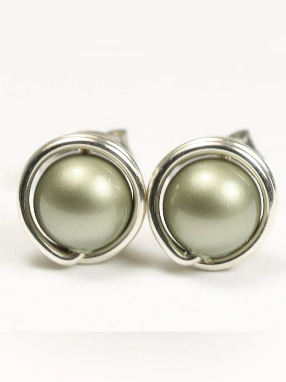 Sterling SilverTrim, Sage/Olive Green Pearl Stud Earrings